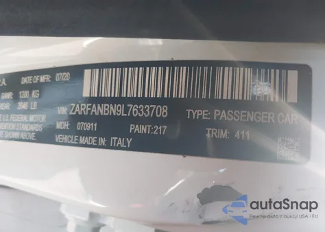 2020 Alfa Romeo Giulia Ti Awd z USA, uszkodzony, nr VIN ZARFANBN9L7633708